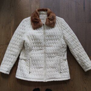 White Quilted Textured Coat with Faux Fur Collar